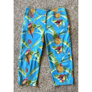 Vintage Bill Blass Jeans Tropical Capri Pants Size 14 Parrot Pineapple Print 🦜